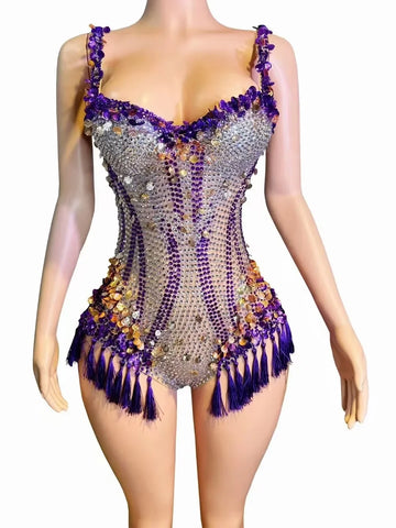Sparkly Rhinestone & Tassel Fringe Bodysuit Stage Performance Costume