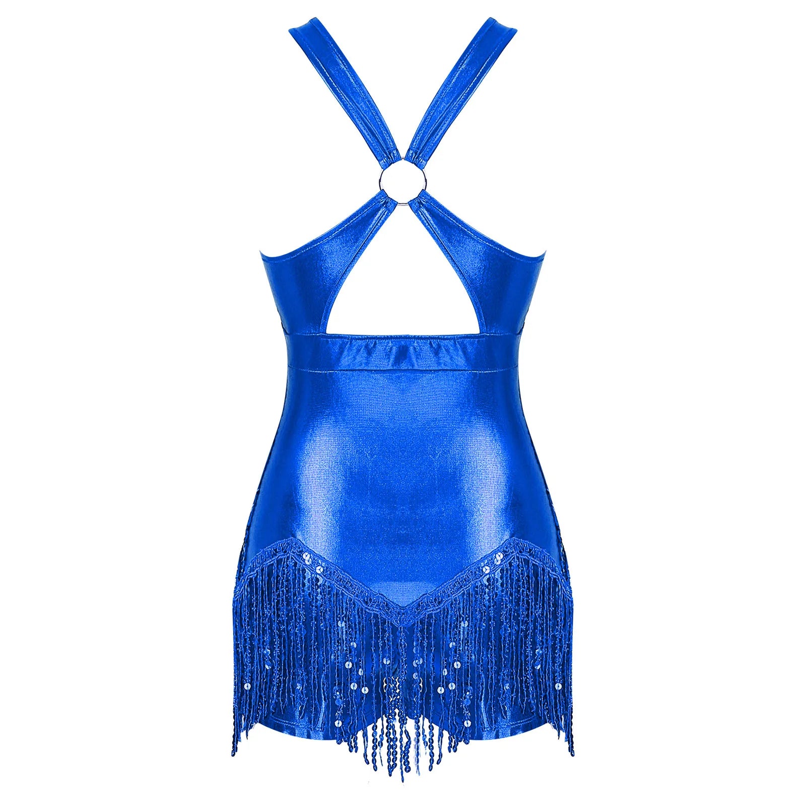 Sequined Fringe Cross-Front Latin Dance Leotard Costume Dress