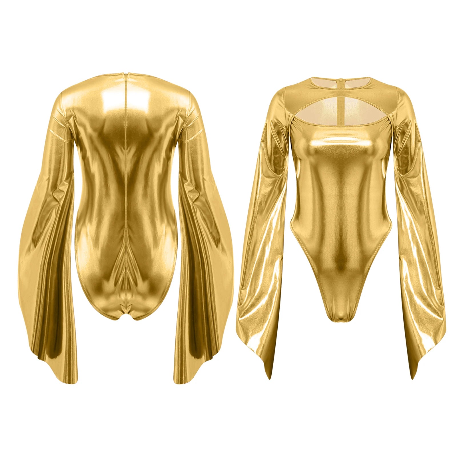 Metallic Flared Sleeve Cutout Disco Bodysuit & Metallic Rave Leotard