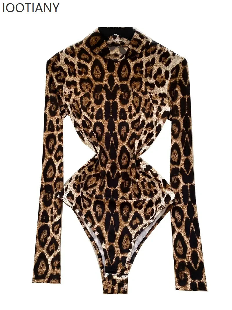 Leopard Print Long-Sleeve Stand Collar Bodysuit Sexy Cutout Stage One-Piece
