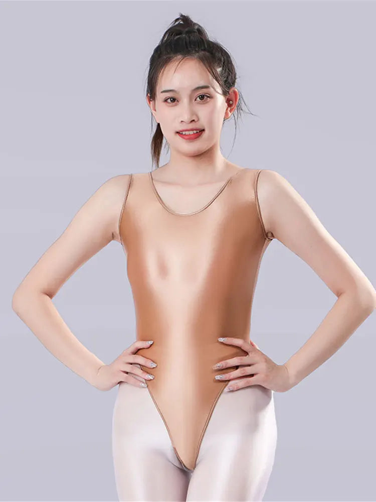 Sexy Women Backless HIgh Cut Bodysuit Sheer Elastic Maid Leotards Oil Gloosy Shiny Sexy Tight One Pieces Yoga Shaping Dance Wear