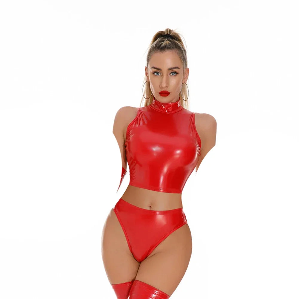Fashion Women PU Short Top 2PCS/Set Elastic PU Faux Leather Tank Top Glossy Shiny Crop Tops Punk Stage Dance Wear With Briefs