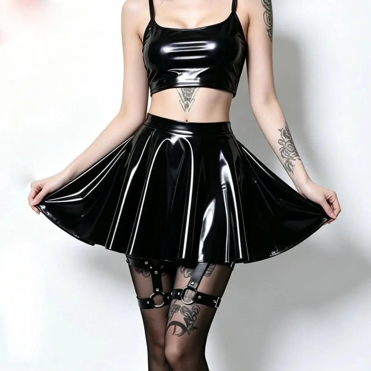 Fashion Women Gothic Style PU Skirt One Pieces Skirts PVC Shiny Flared Pleated  Mini A Line Skirts Street Maid Ruffled Skirt