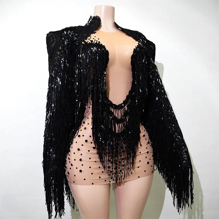 Rhinestone Tassel Fringe Jacket And Dress Costume Set