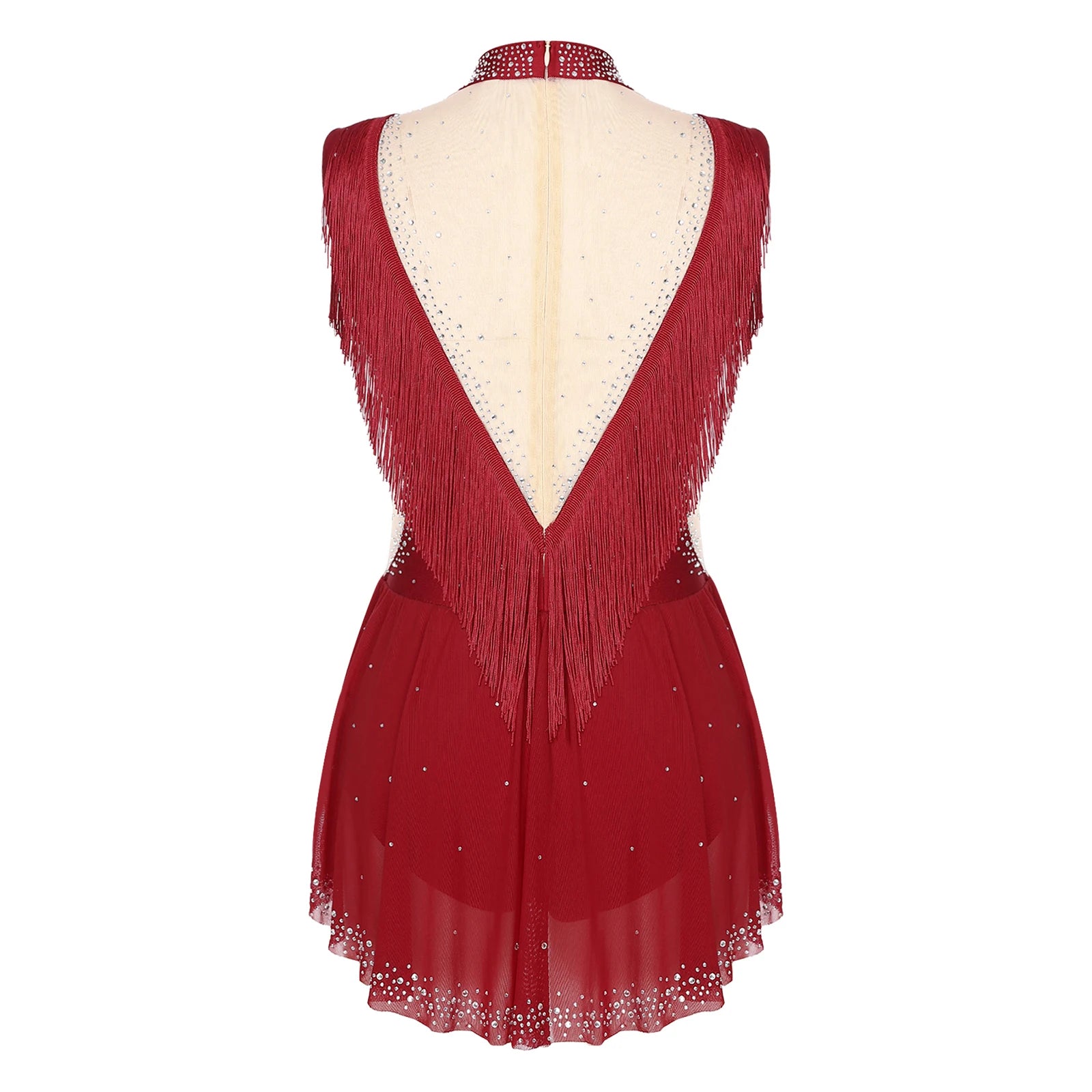 Rhinestone Mock Neck Mesh Tassel Leotard