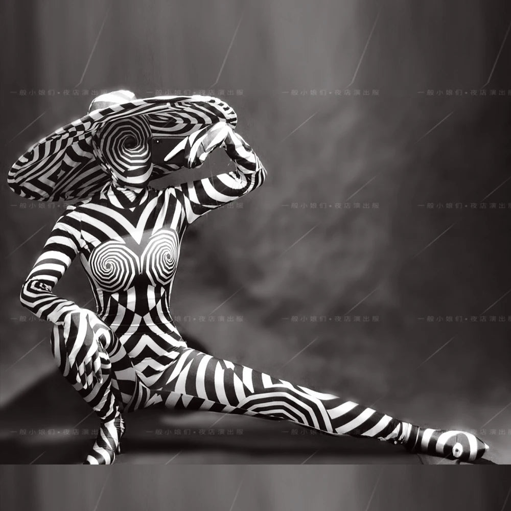 Zebra Stripe Catsuit & Oversized Wide-Brim Sun Hat Stage Performance Costume Set