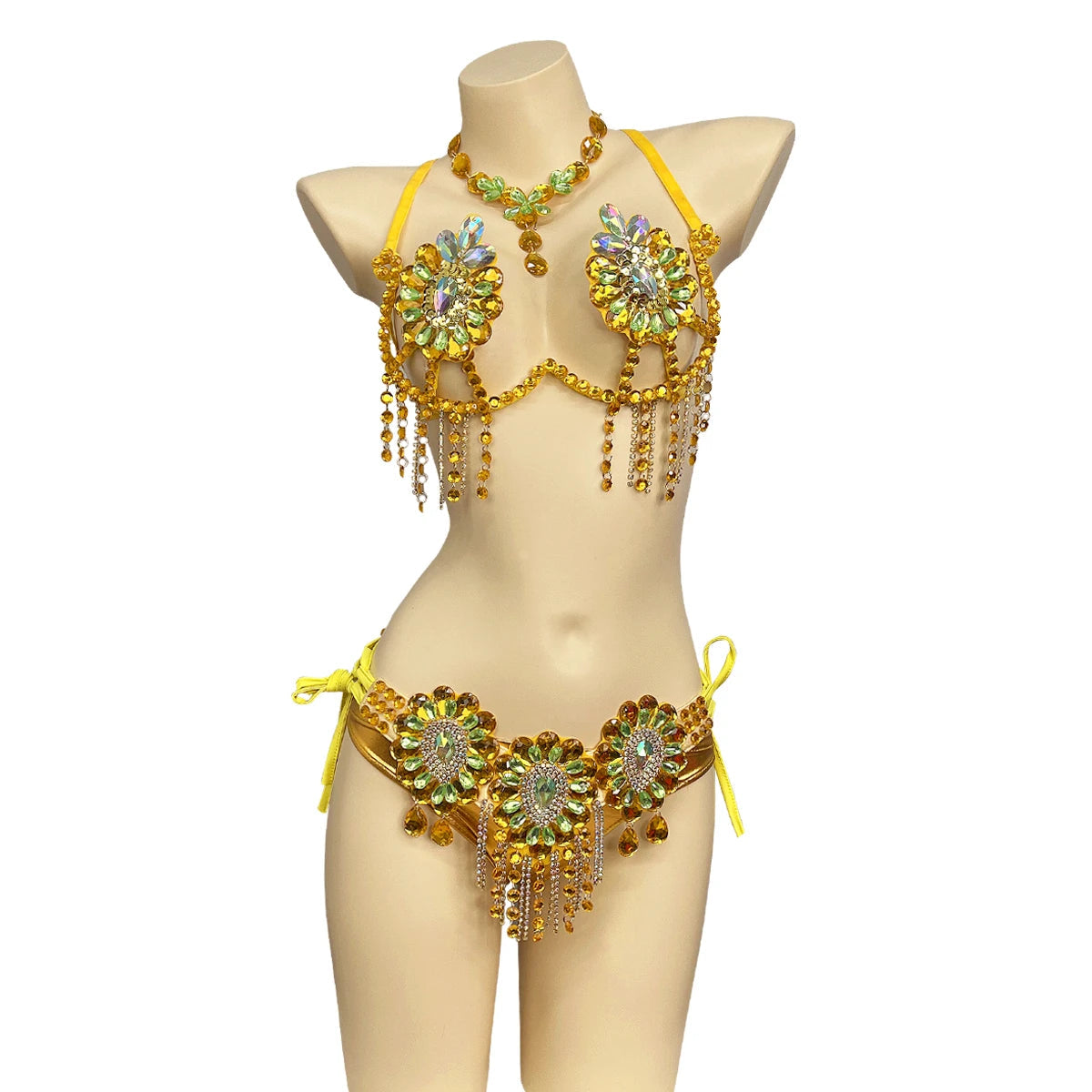 Sparkly Samba Carnival Stone Wire Bra, Belt & Necklace Three-Piece Costume Set