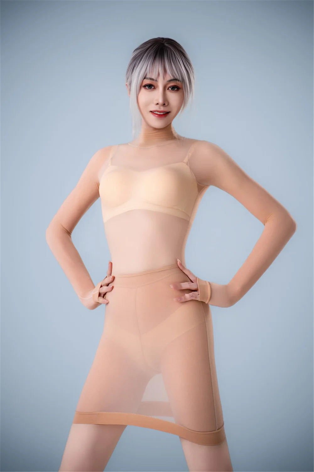 Sexy Women Oil Glossy Shiny Micro Mini Dress Bodycon Tights 1D Thin 640 Pin Maid Dress Sheer See Through Elastic Leotard Dress