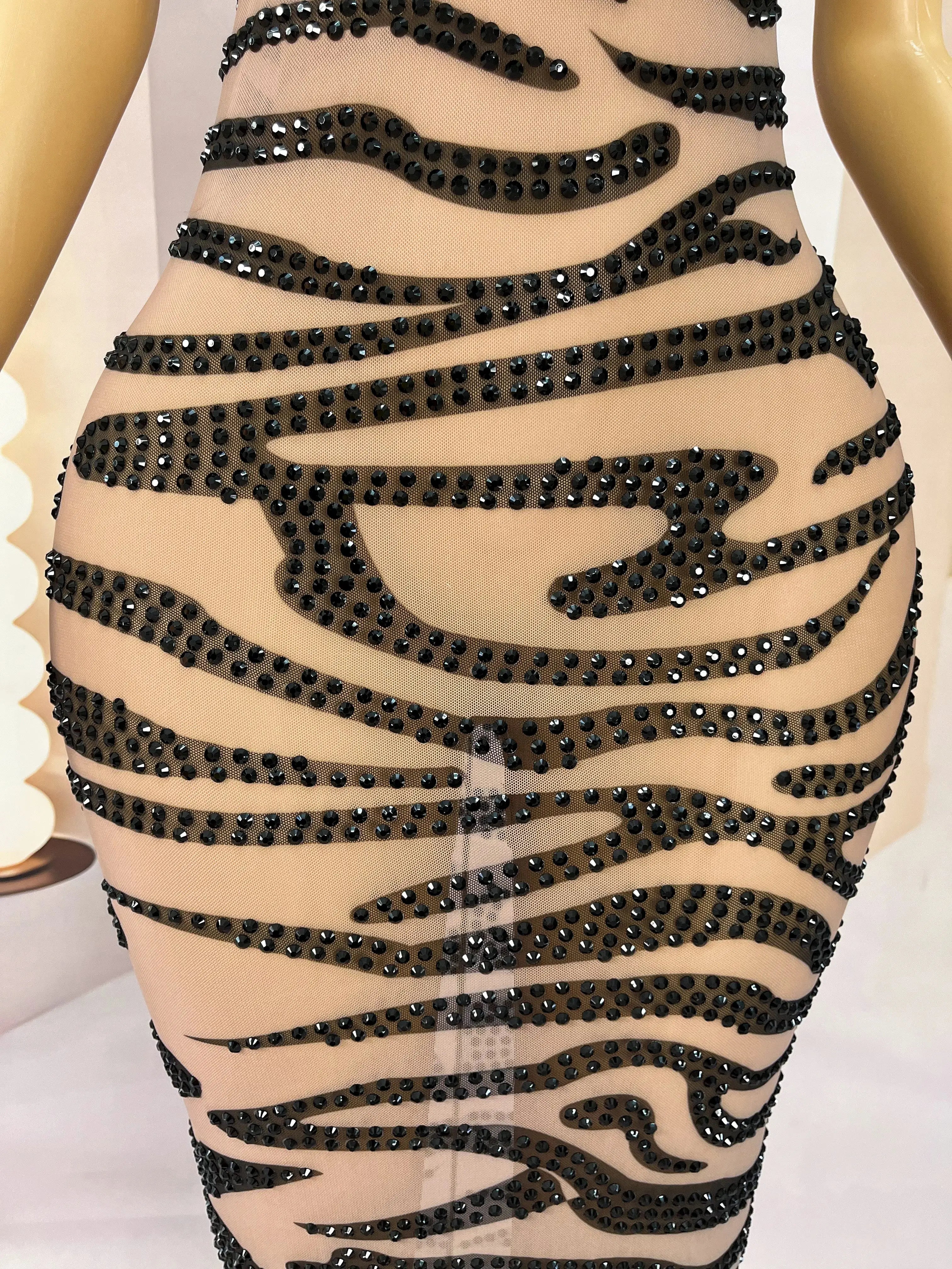 Leopard Print Sparkly Rhinestone Mesh Evening Gown Red Carpet Stage Dress