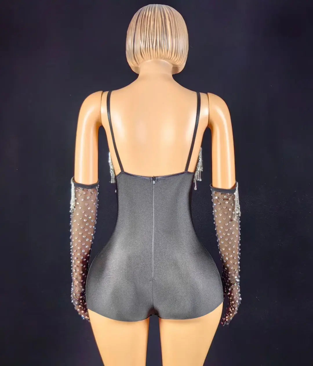 Black Spandex Crystal Tassel Bodysuit with Matching Gloves Stage Performance Set