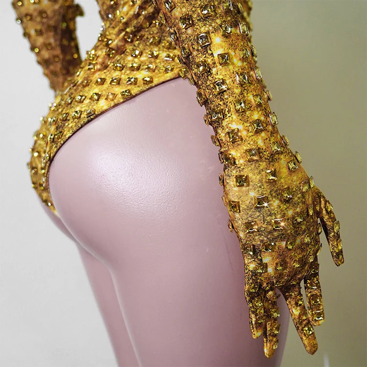 Sparkly Gold Rhinestone Bodysuit Sunburst Collar Spiked Glove Sleeves Costume