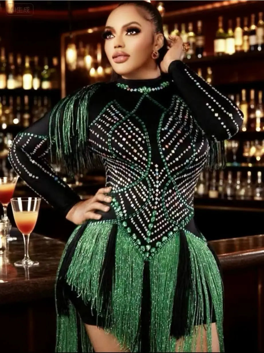 Sparkly Rhinestone Tassel Fringe Dance Performance Mini Dress Stage Bandage Dress