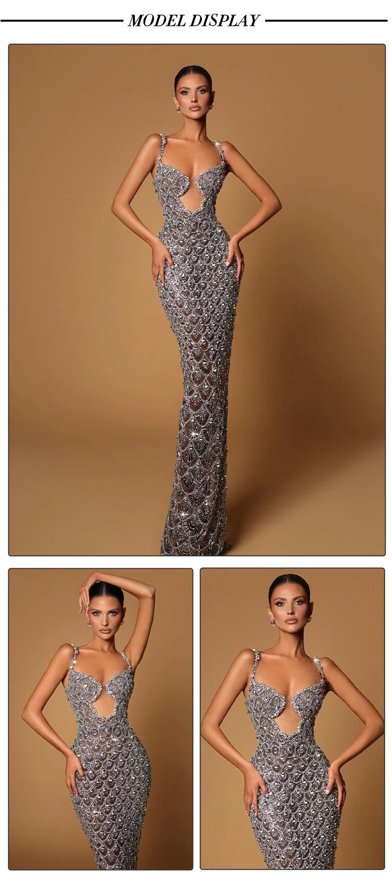 Silver Sequin Plunge Backless Maxi Dress