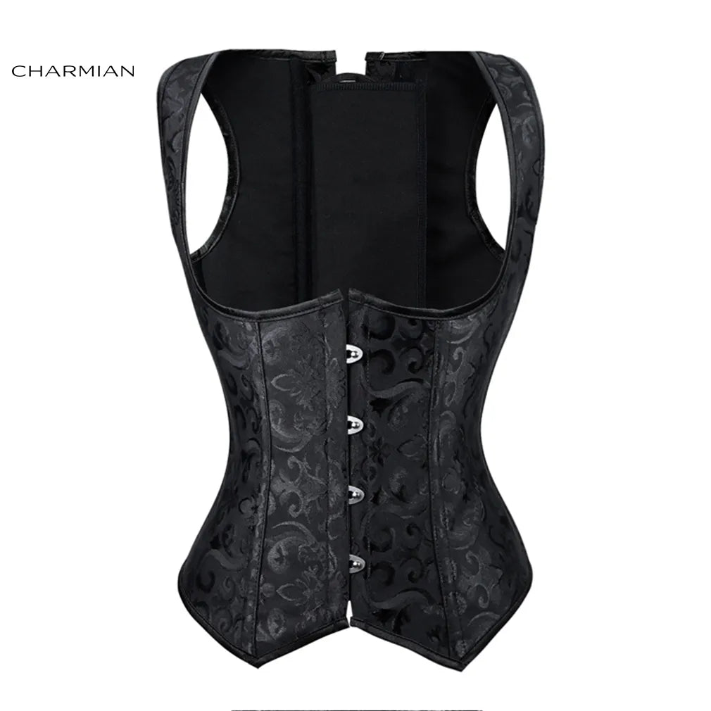 Charmian Women's Retro Plus Size Underbust Corset Vest Vintage Steel Boned Brocade Burlesque Waist Cincher Shapewear Waistcoat