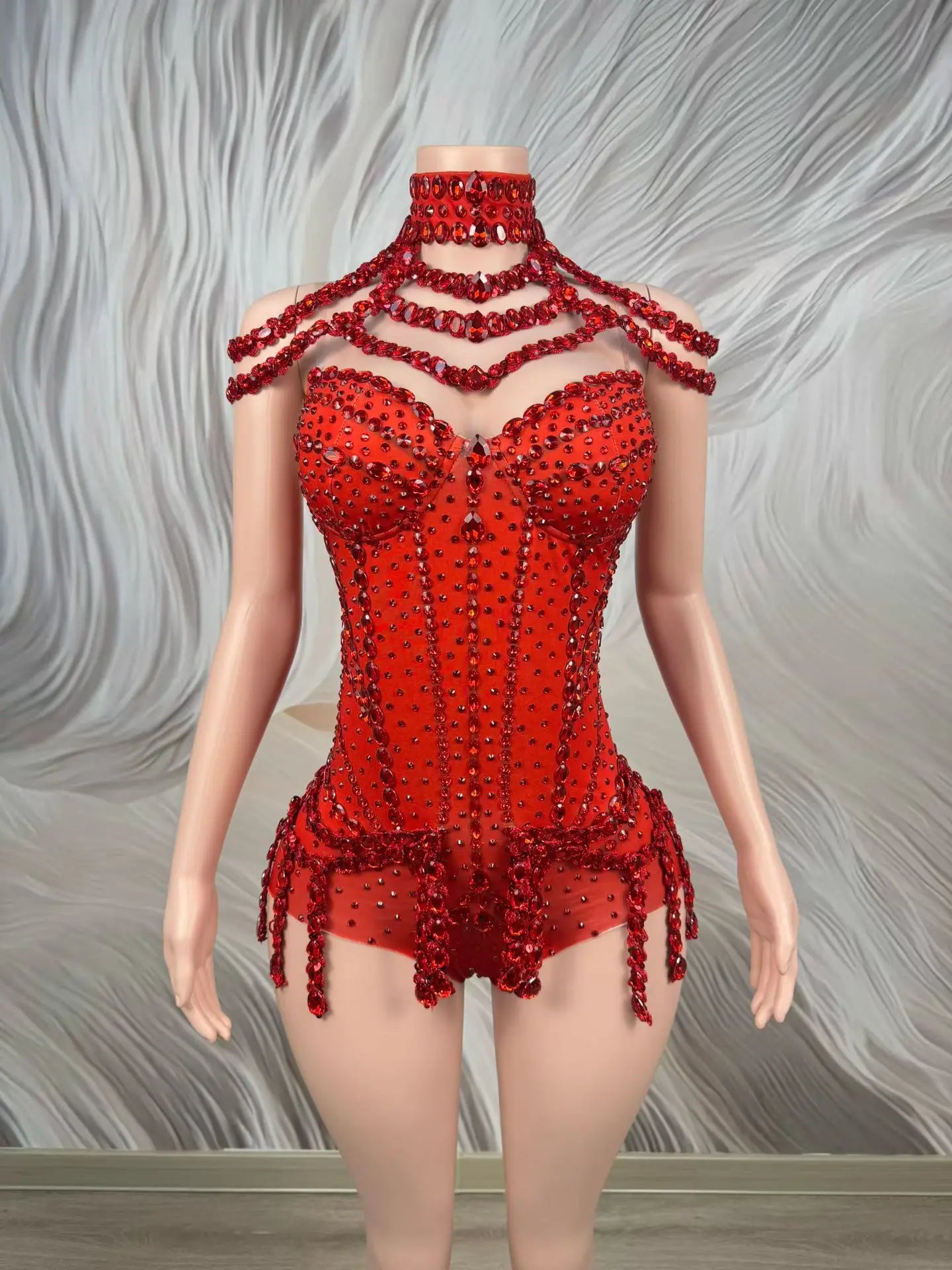 Sparkly Rhinestone Tassel Spandex Bodysuit Halter Dance Stage Costume Leotard