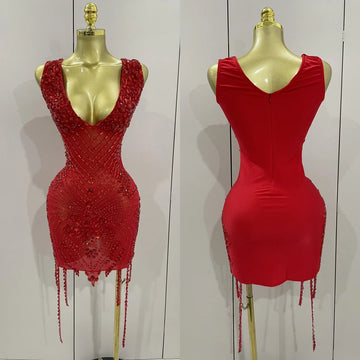 Vintage-Inspired Sparkly Rhinestone Mesh V-Neck Party Dress