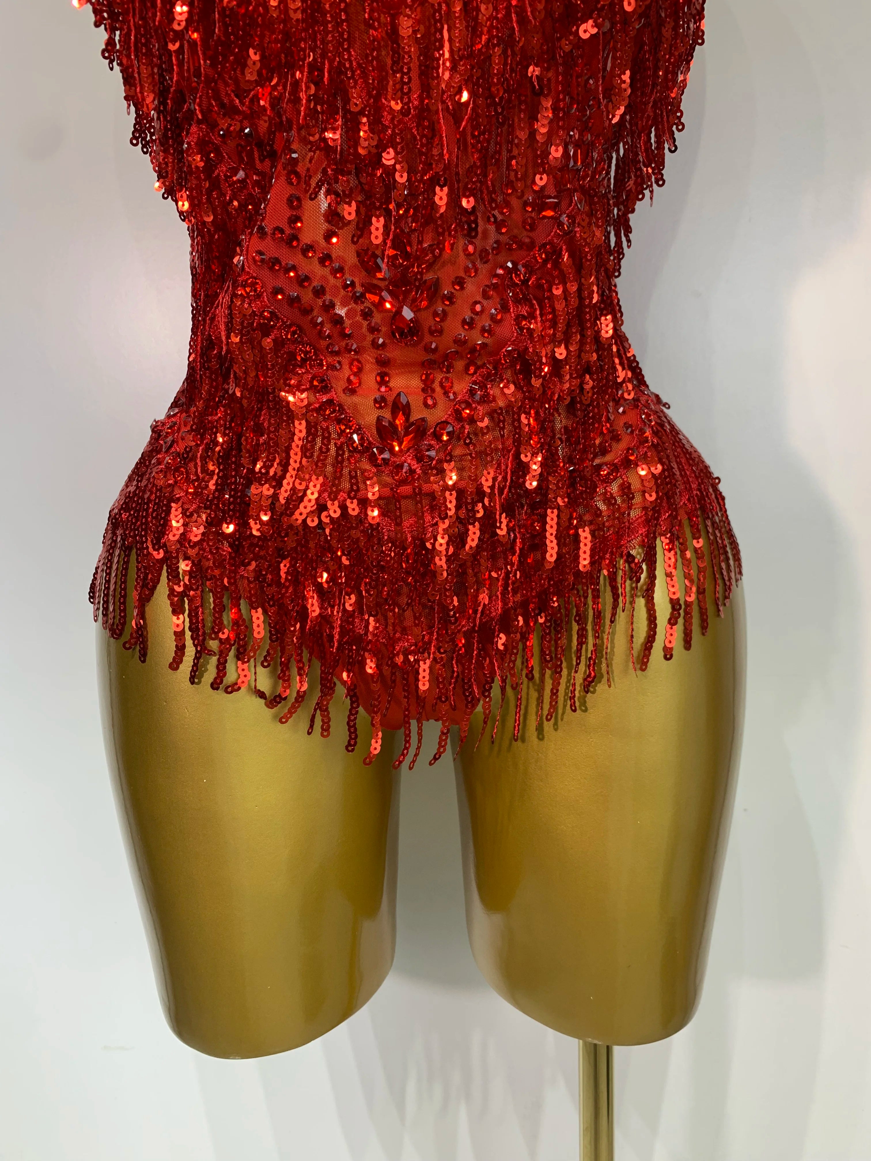Sparkly Rhinestone Tassel Backless Mesh Bodysuit Luxury Stage Performance Costume