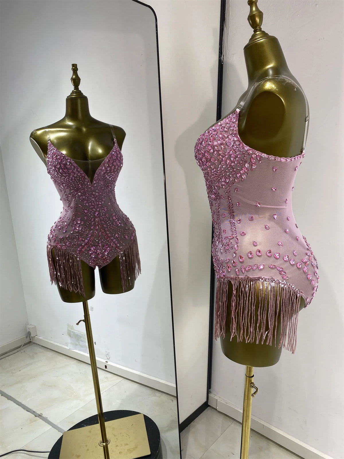 Vintage-Inspired Shiny Rhinestones Tassel Mesh Bodysuit Costume Set