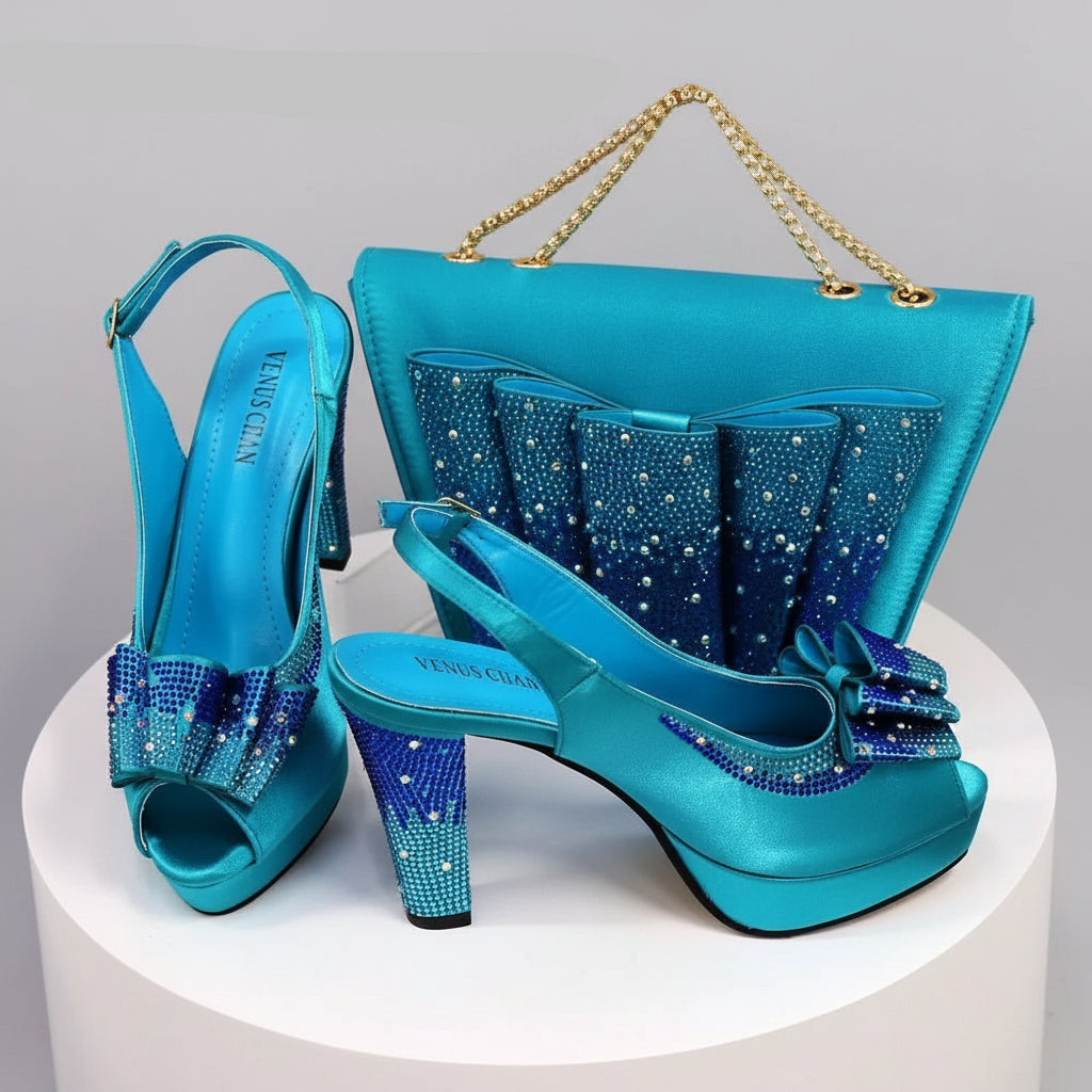 Rhinestone High Heel Peep Toe Slingbacks with Matching Bag Set