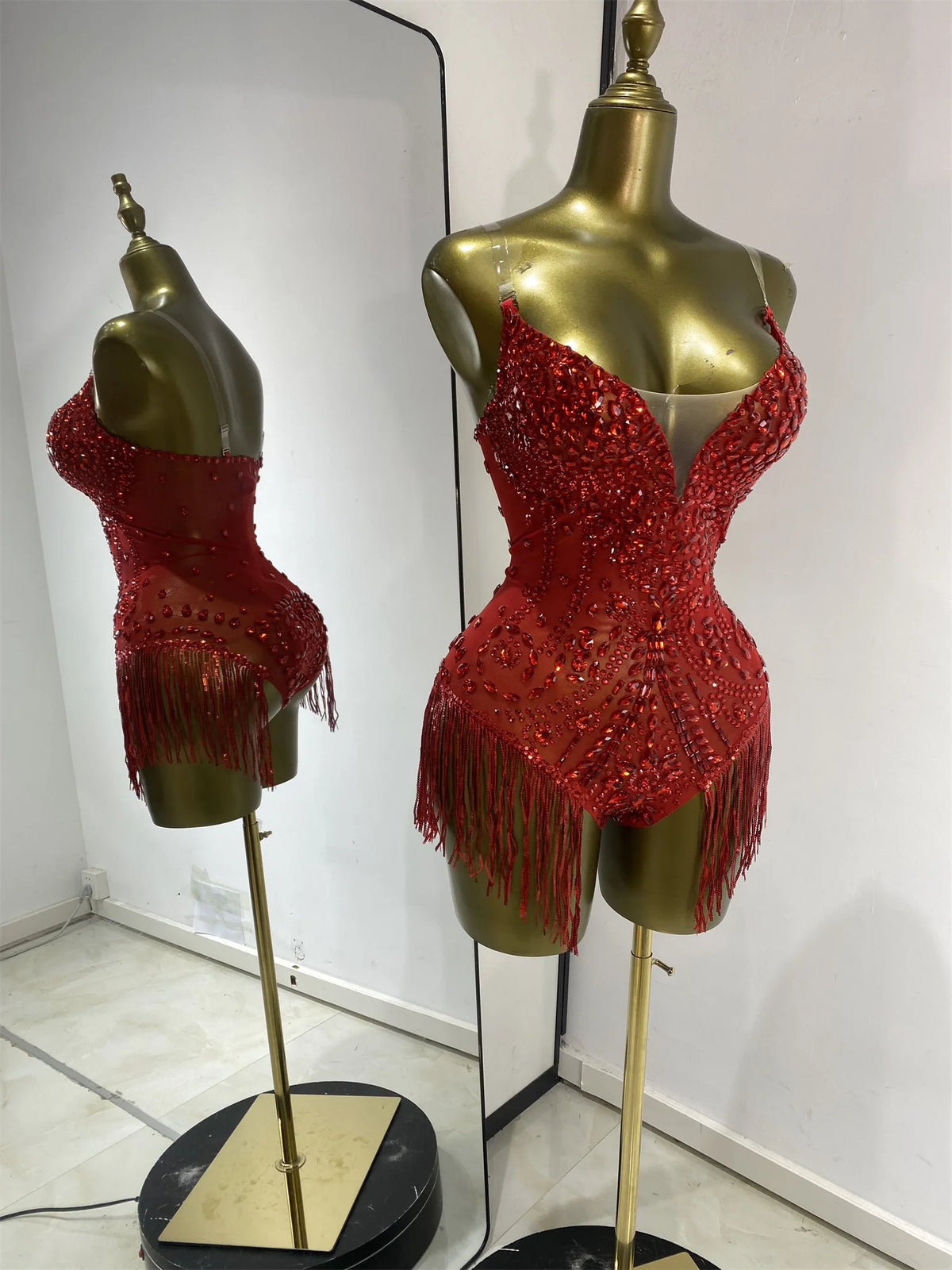 Vintage-Inspired Shiny Rhinestones Tassel Mesh Bodysuit Costume Set