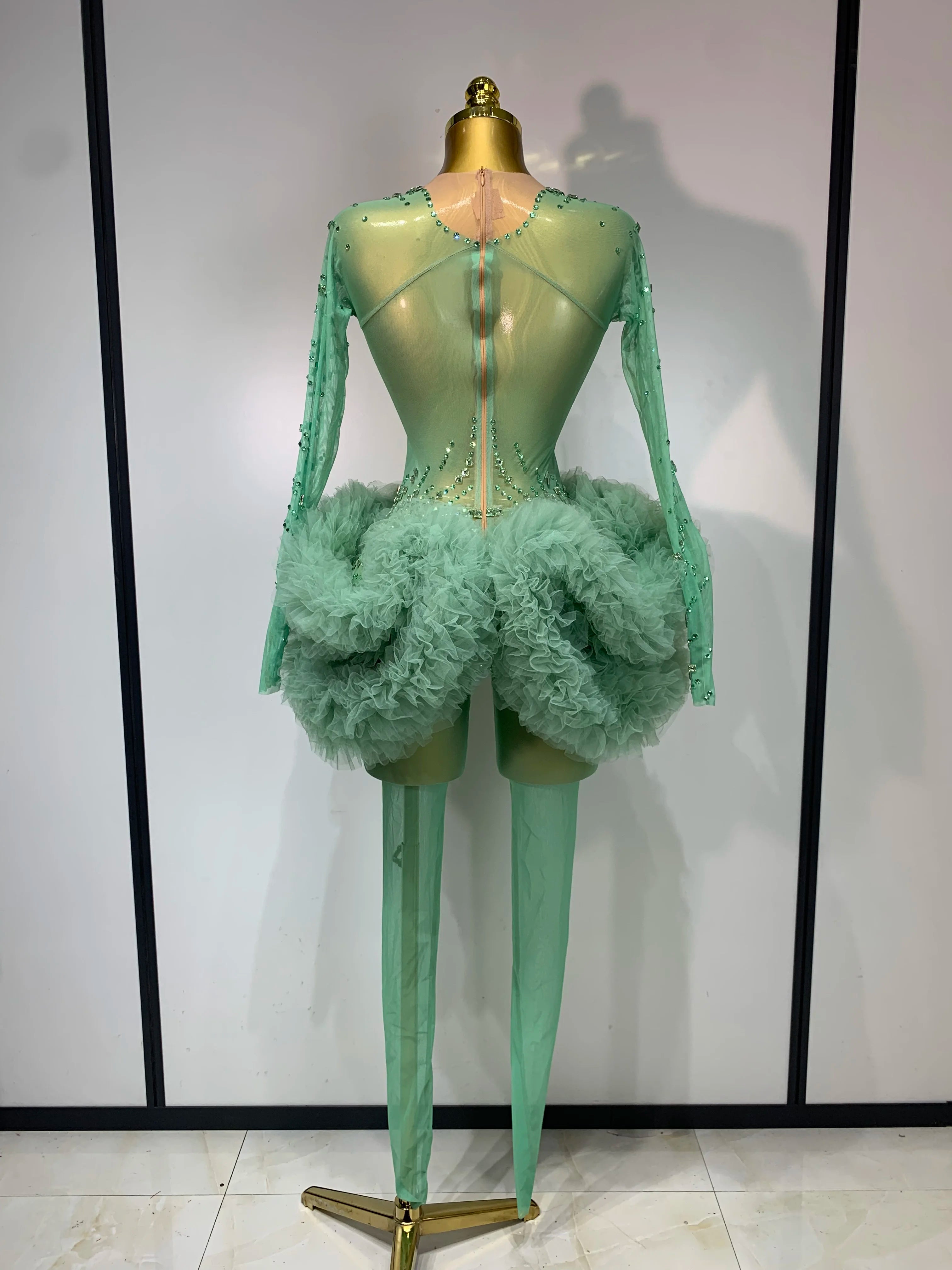 Luxury Green Diamonds Mesh See-Through Long Sleeve Jumpsuit Stage Performance Costume