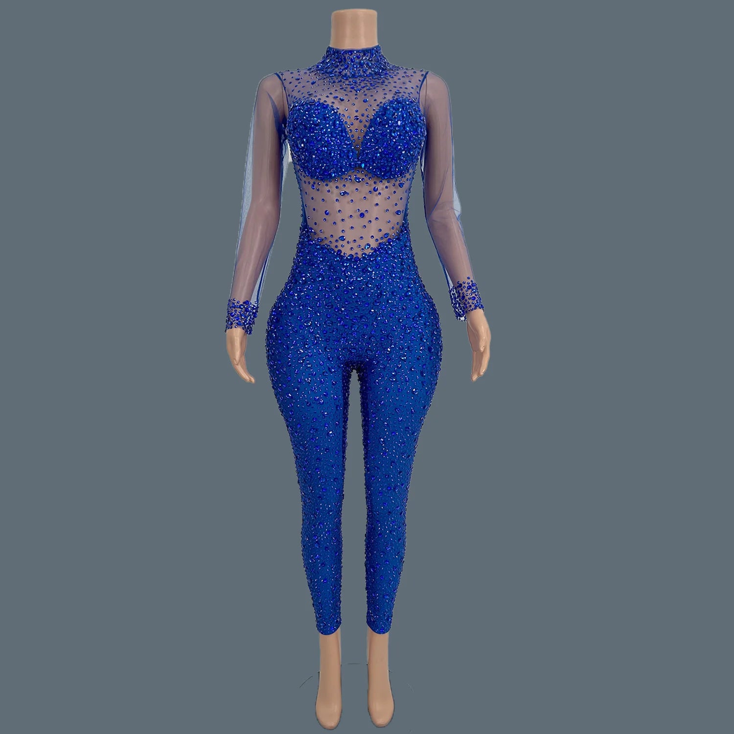 Sparkly Crystal Mesh Sheer Illusion Jumpsuit Stage Catsuit Costume