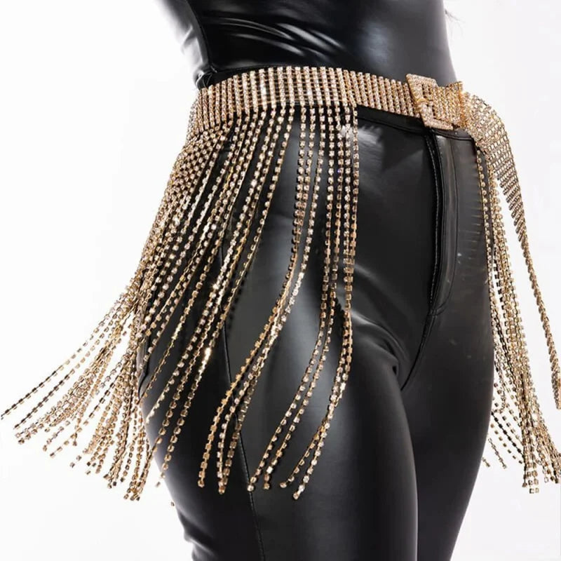 Rhinestone Buckle Tassel Waist Chain