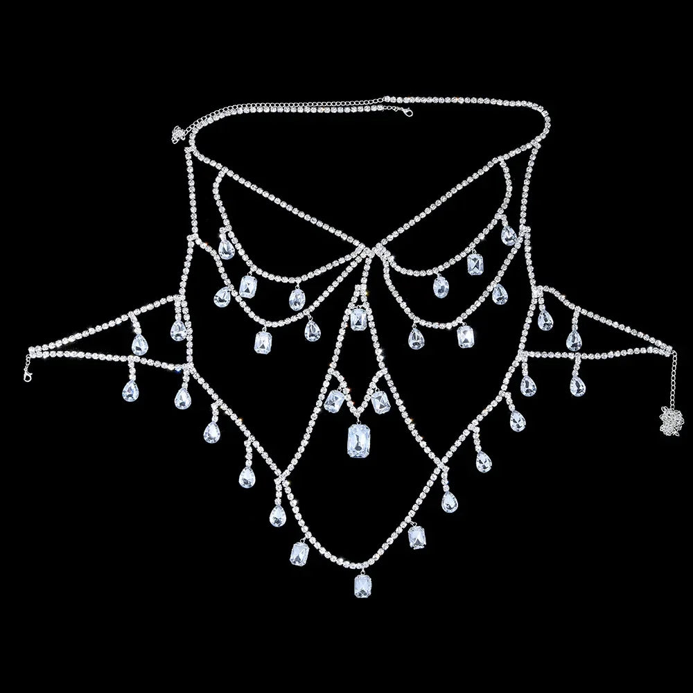 Oversized Glass Crystal Chest Chain Lingerie Vest Drag Queen Stage Body Jewelry
