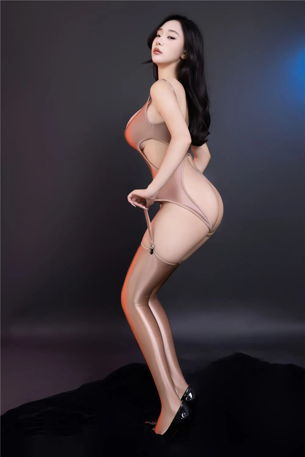 Sexy Women Oil Glossy Shiny High Cut Bodysuit Backless Hollow Out Open Crotch Sexy Tights Bandage Elastic Maid Leotard