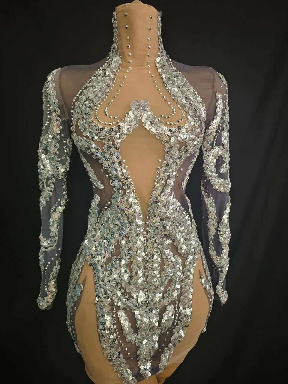 Sparkly Silver Rhinestone & Sequin Sheer Mesh Mini Dress Stage Costume