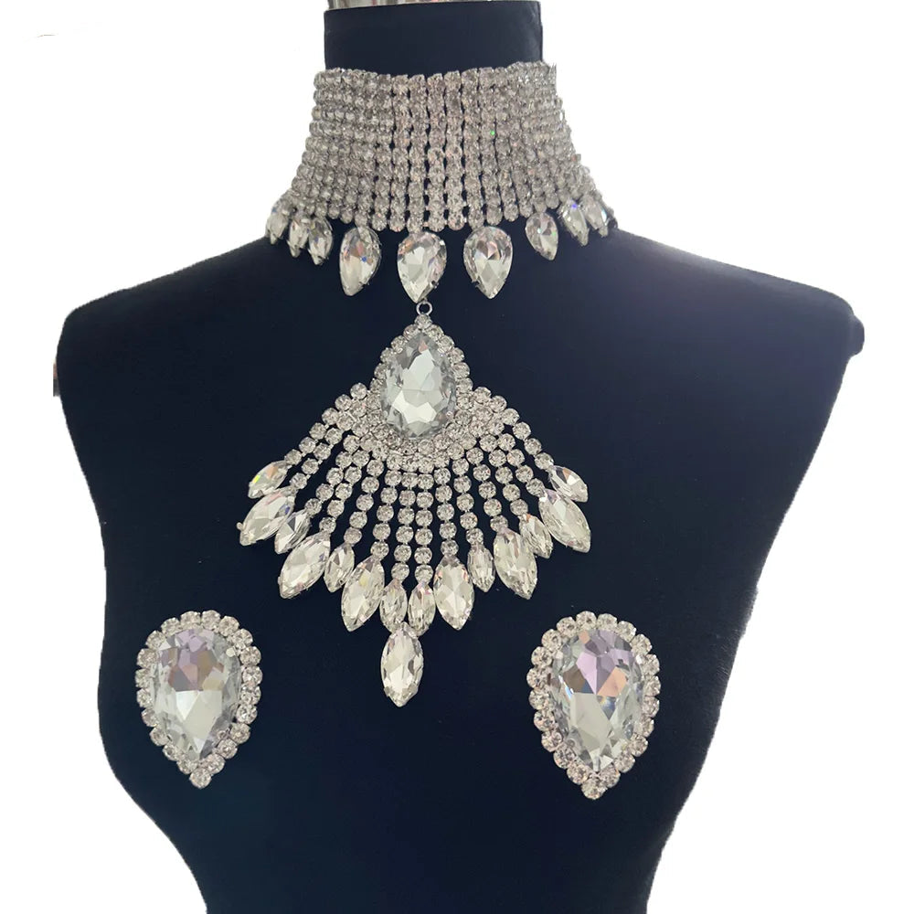 Oversized Crystal Rhinestone Tassel Choker & Earrings Drag Queen Jewelry Set