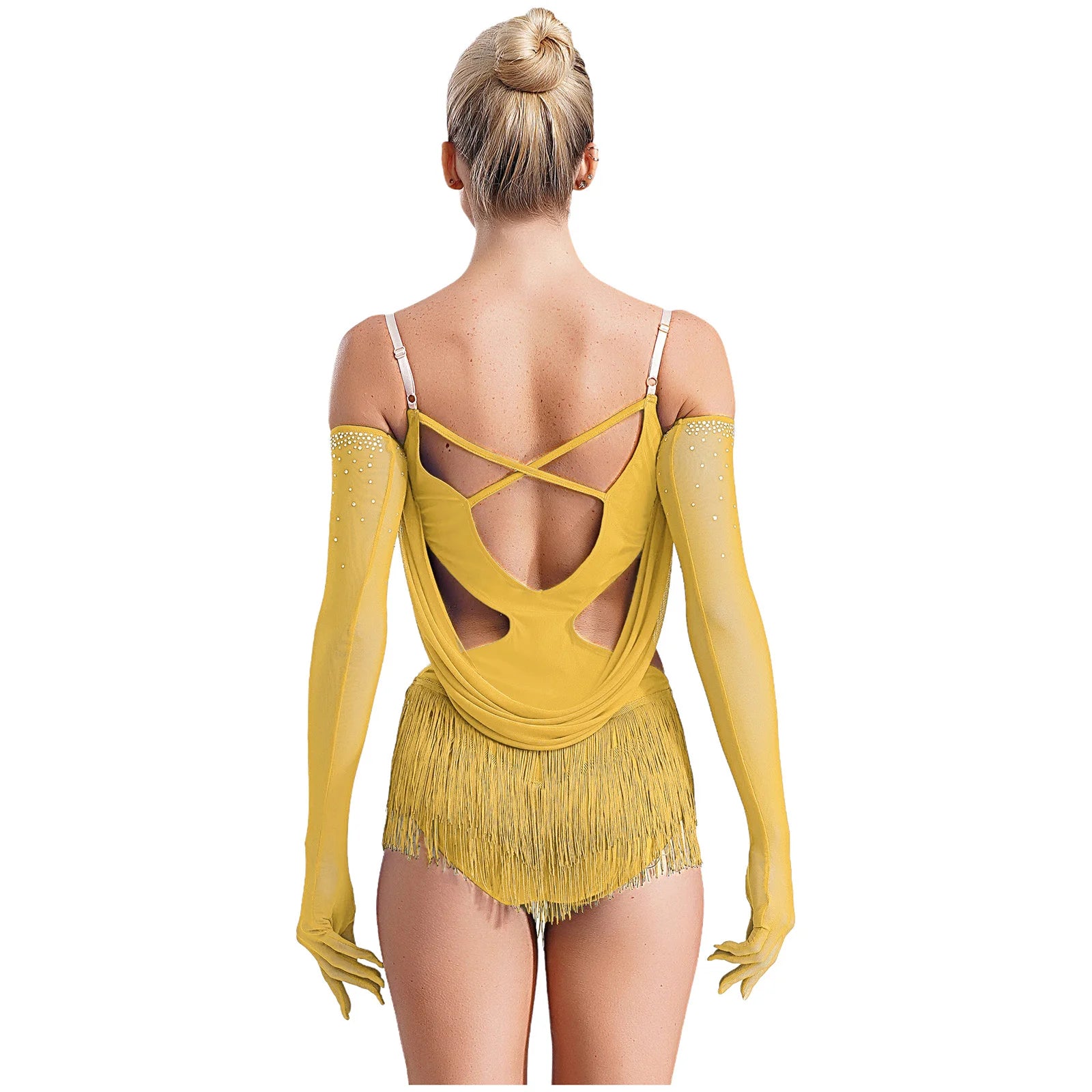 Sparkly Rhinestone & Tassel Fringe Dance Leotard with Gloves Two-Piece Stage Costume