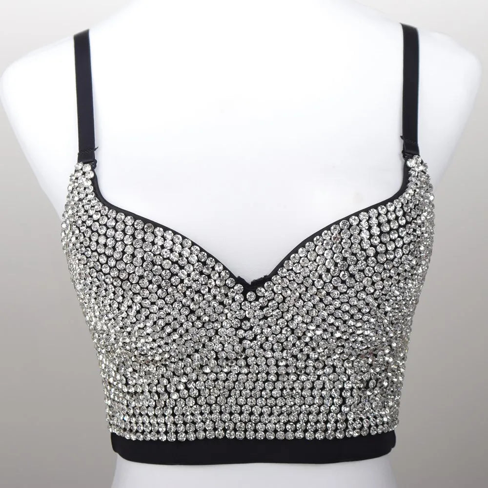 Sparkly Rhinestone Corset Tank Top Showgirl Stage Performance Bra Bustier