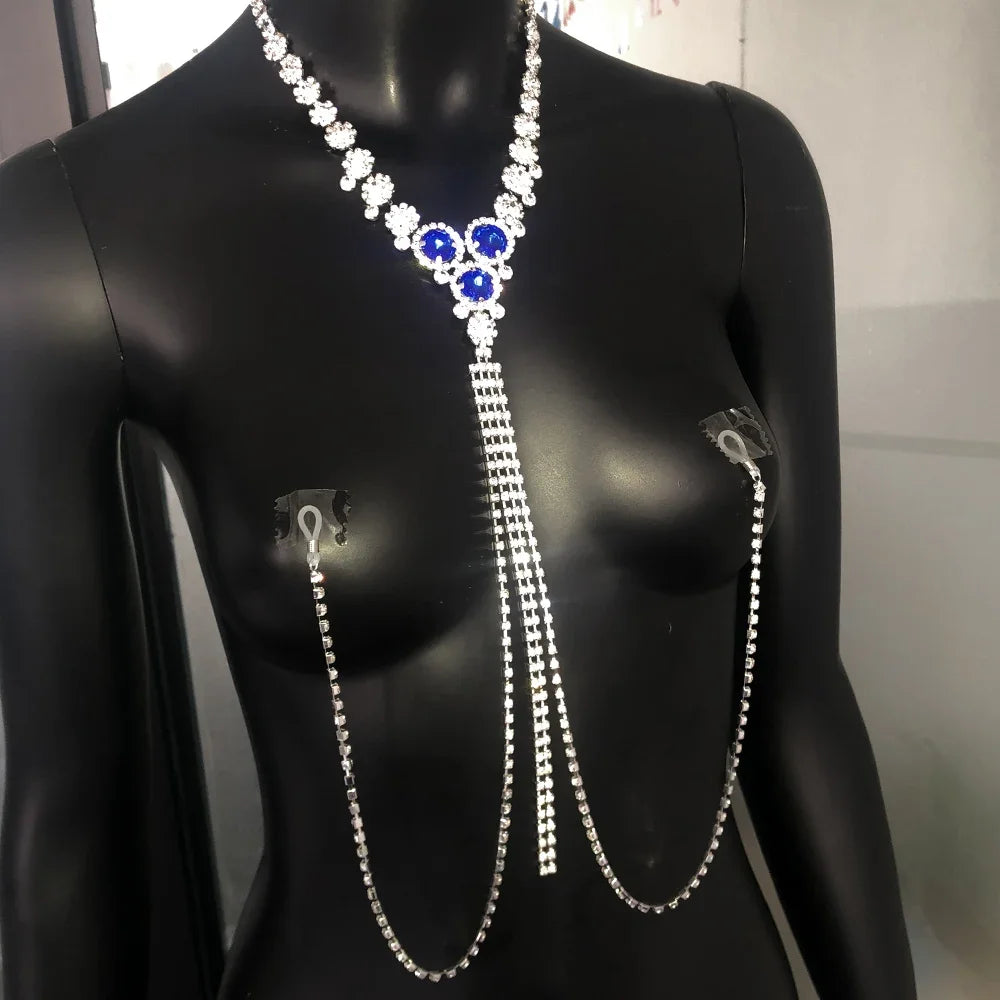 Blue Rhinestone Nipple Body Chain