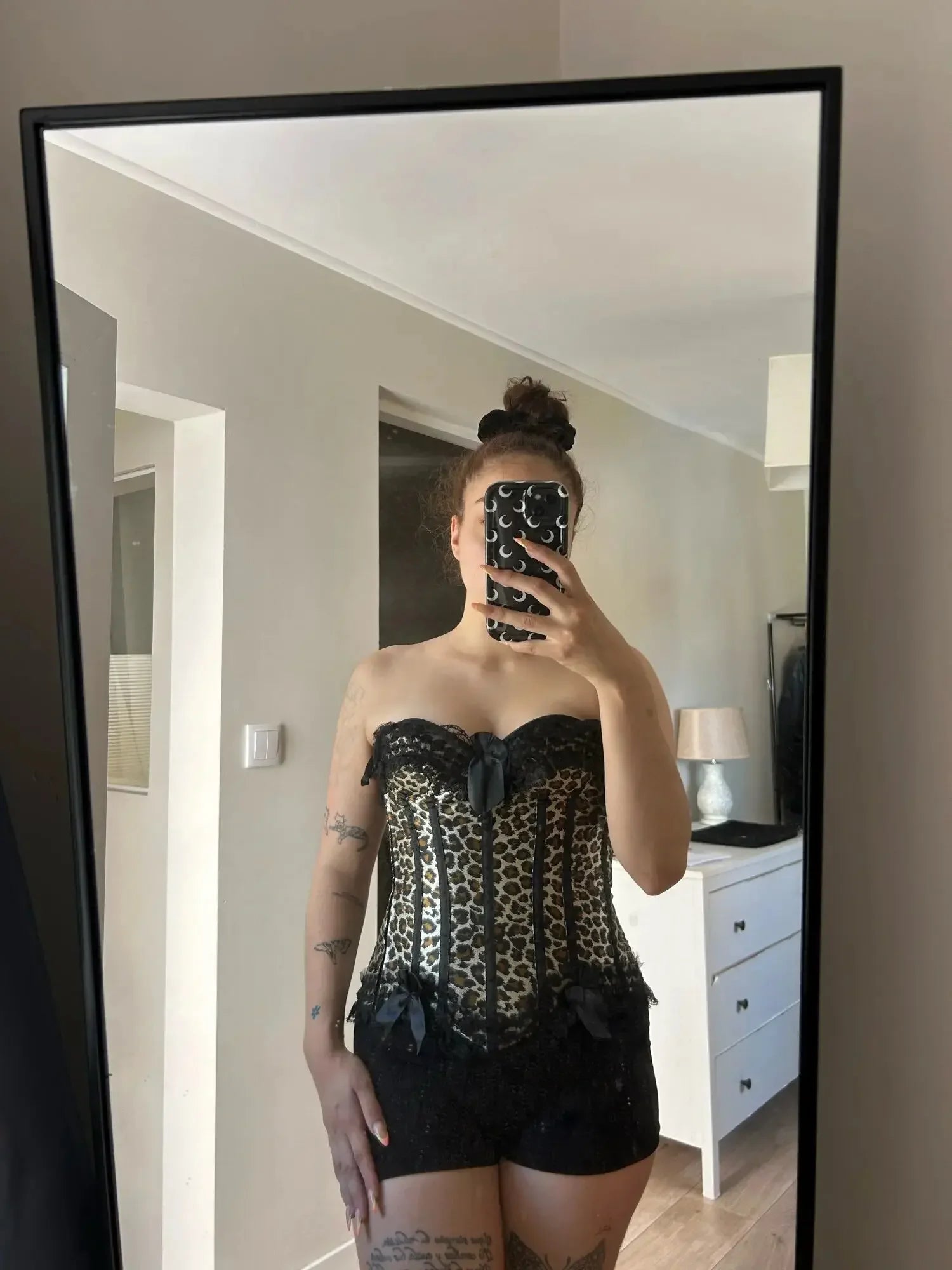 Leopard Satin Overbust Corset Lace Bowknot Clubwear Showgirl Body Shaper
