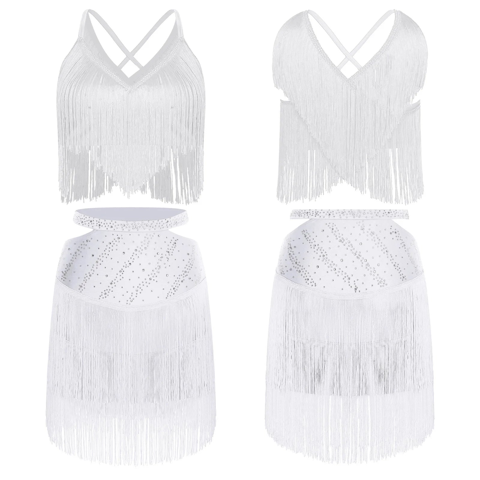 Sparkly Rhinestone & Tassel Fringe Two-Piece Latin Tango Dance Outfit Set