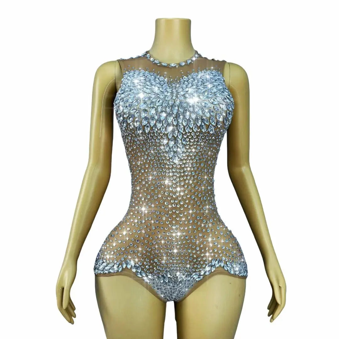 Sparkly Rhinestone Sheer Mesh Bodysuit Backless Stage Costume Leotard
