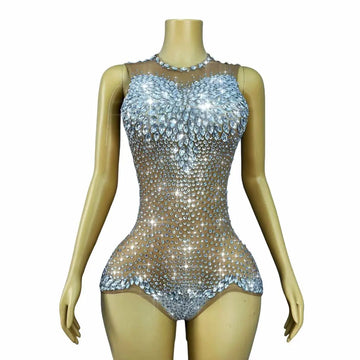 Sparkly Rhinestone Sheer Mesh Bodysuit Backless Stage Costume Leotard