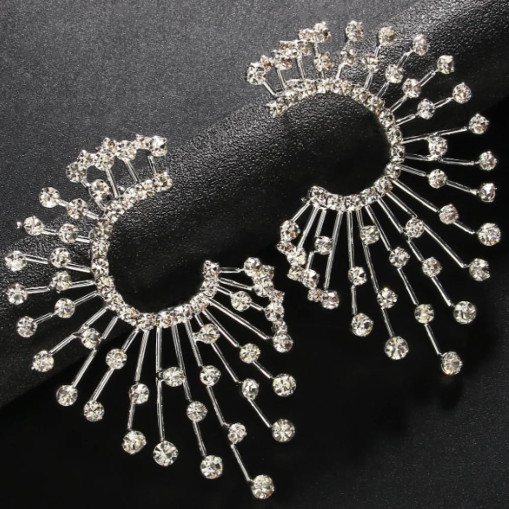 Oversized Crystal Rhinestone Geometric Fan Stud Earrings Drag Queen Stage Jewelry