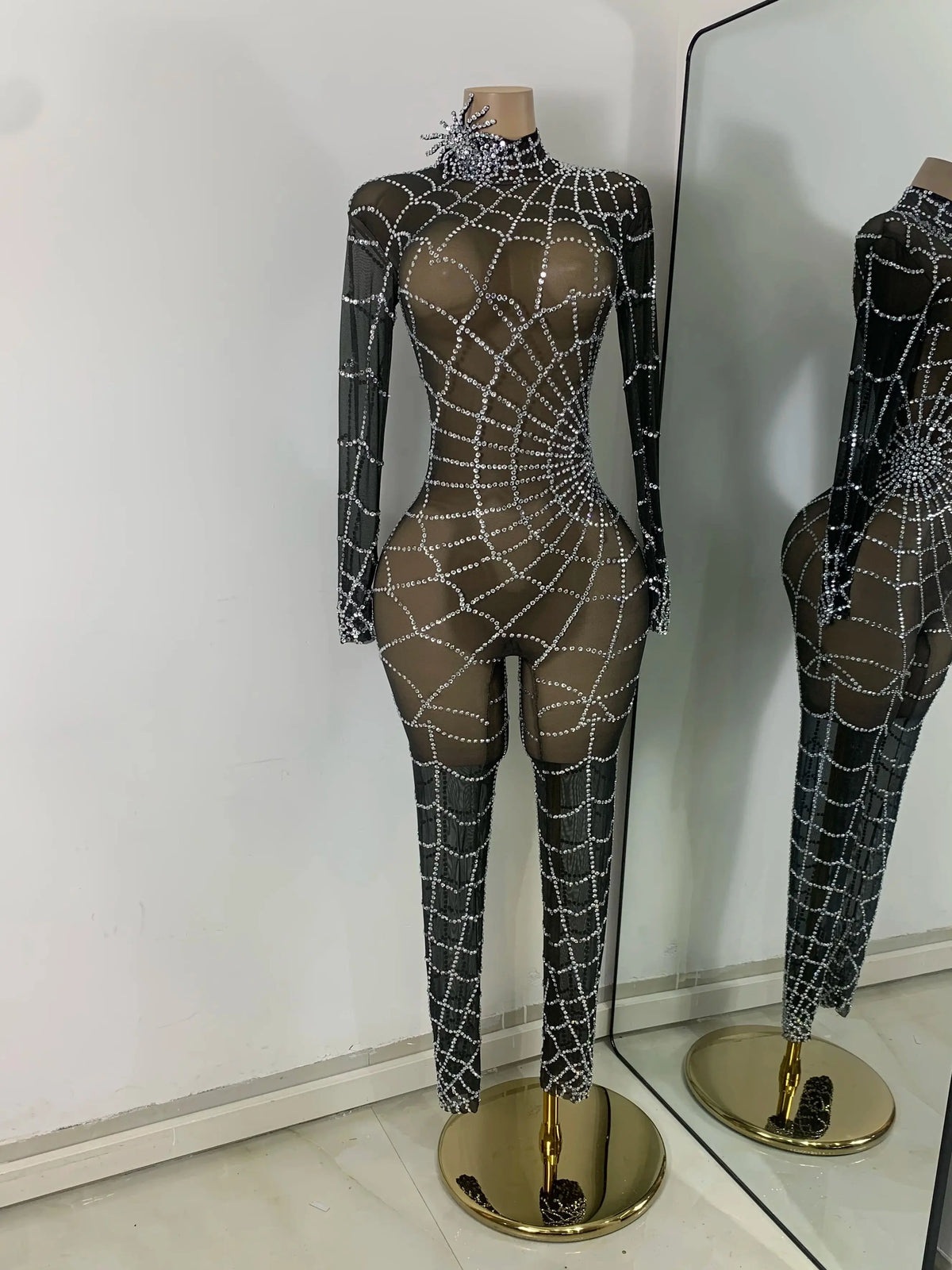 Black Spider Mesh Jumpsuit For Women Sexy Long Sleeve Performance Rompers Dance Show Stage Costume