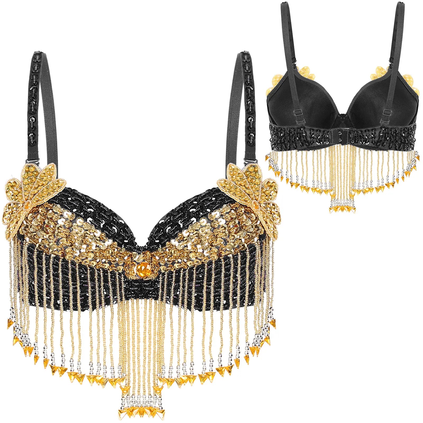 Sparkly Floral Beaded Sequin Belly Dance Bra & Tassel Performance Top