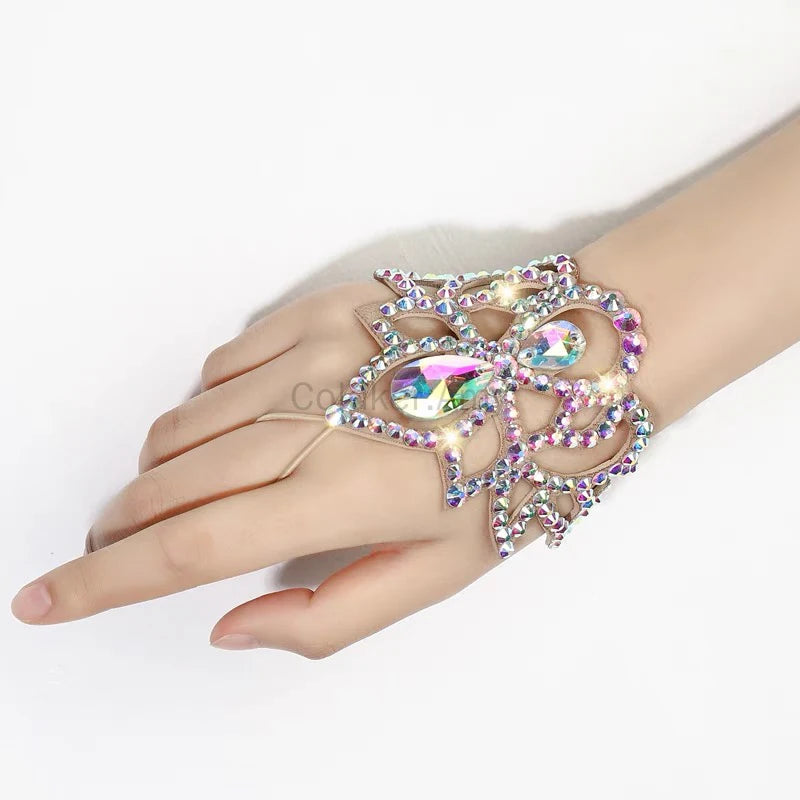 Dazzling Crystal Belly Dance Cuff Bracelet & Ring Hand Harness Jewelry