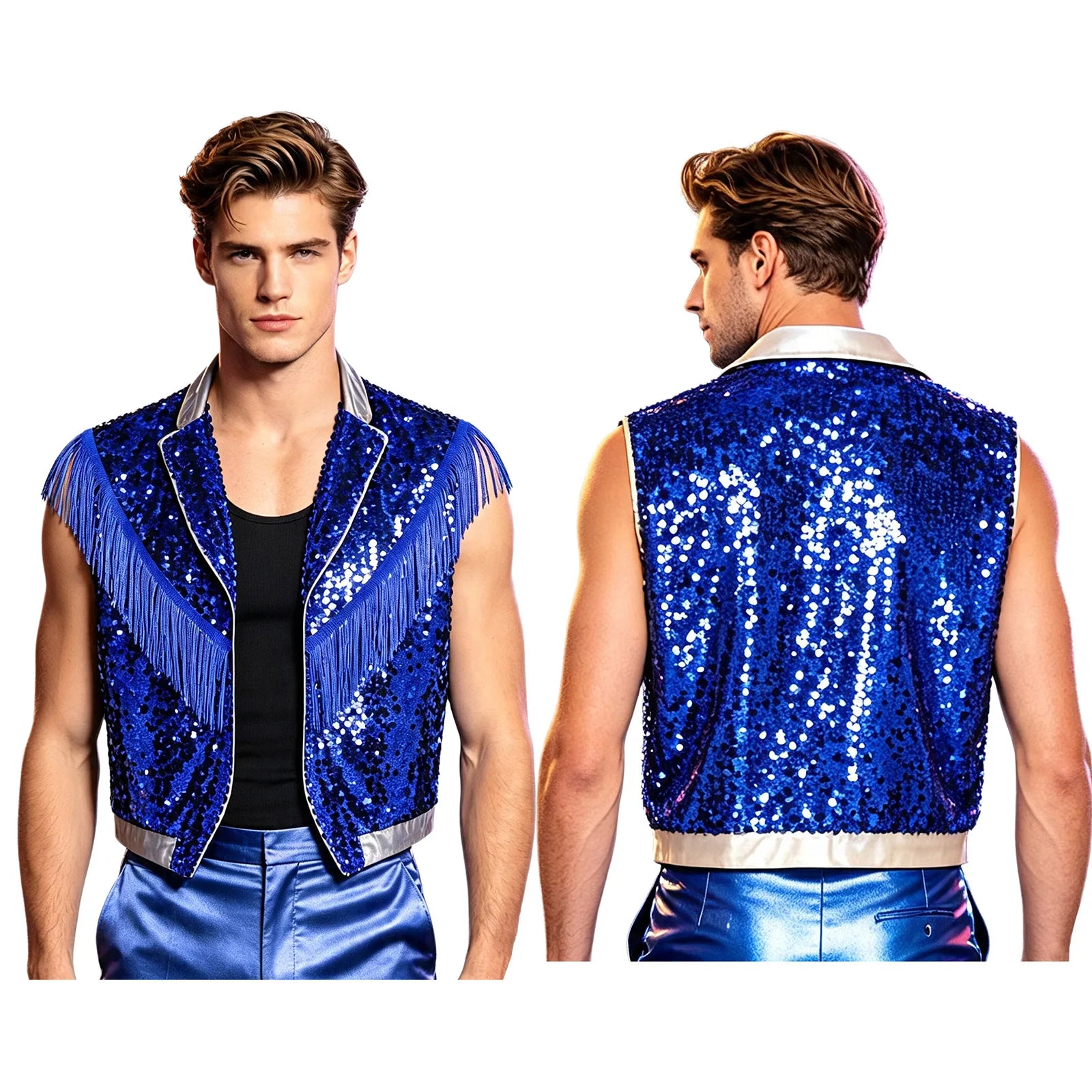 Men's Metallic Sequin Tassel Open-Front Vest Lapel Collar Sleeveless Stage Dance Waistcoat