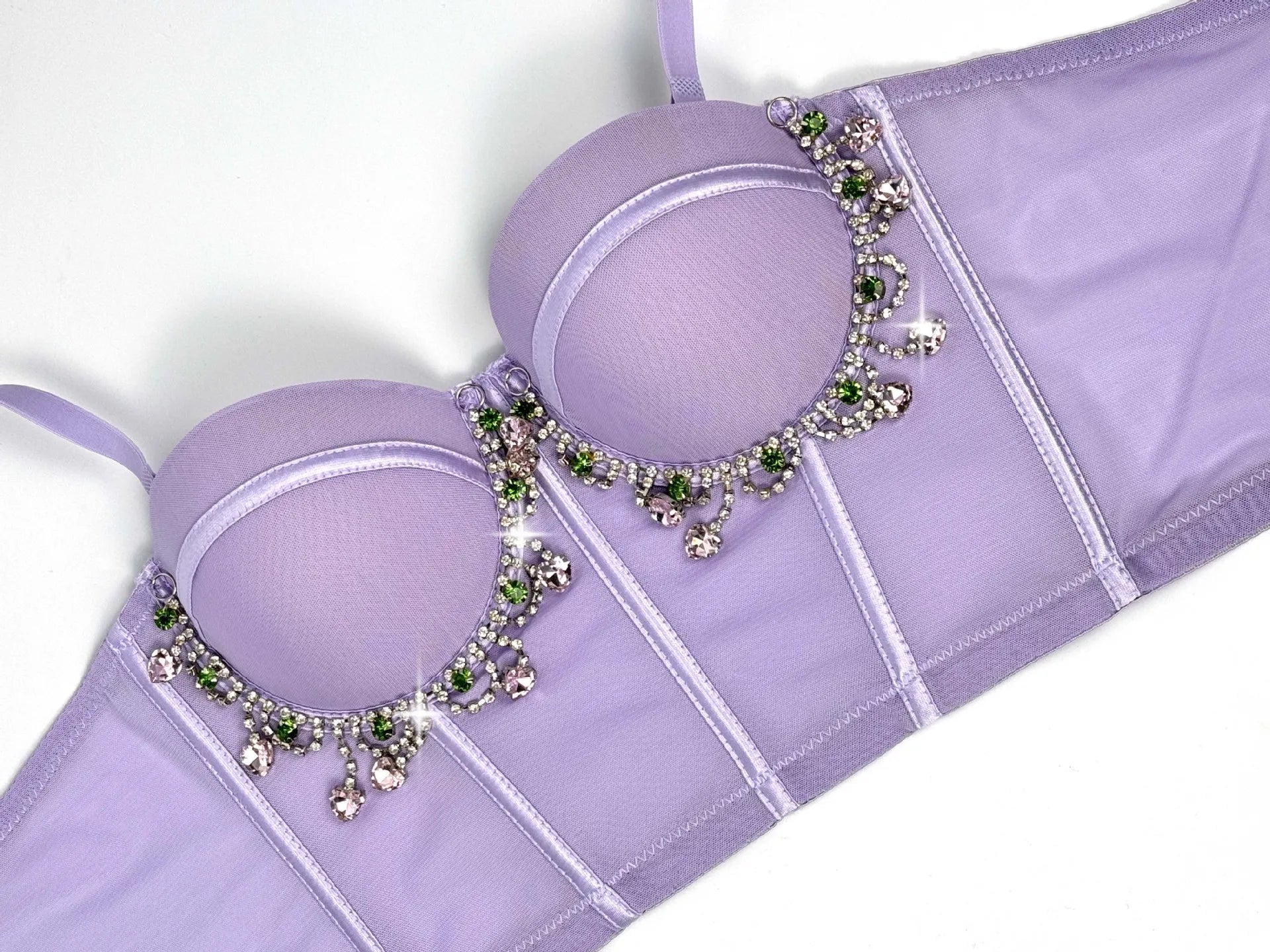 Mesh Bustier Corset Crop Top Diamond Embroidery Tassel Evening Party Bralette