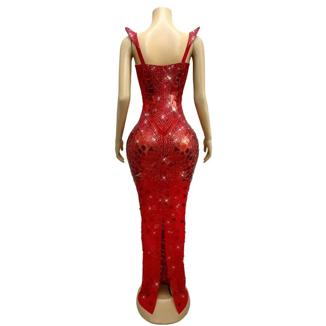 Women's Red & Gold Rhinestone Mirror Suspender Dress | Sparkly Elegant Gown for Red Carpet & Stage