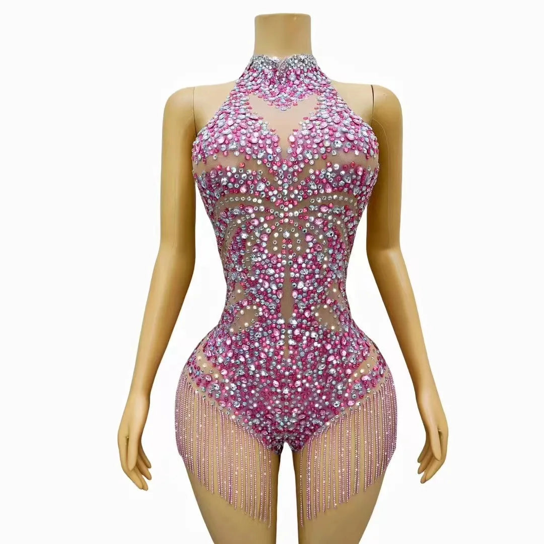 Sparkly Pink Rhinestone & Chain Backless Bodysuit Stage Costume