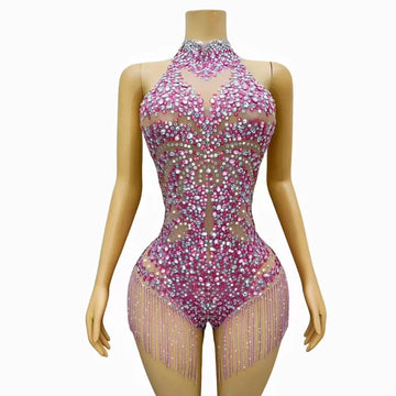 Sparkly Pink Rhinestone & Chain Backless Bodysuit Stage Costume