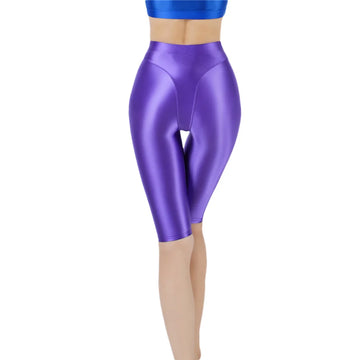 Oil Glossy High-Stretch Knee-Length Shorts Satin Shine Performance Biker Shorts
