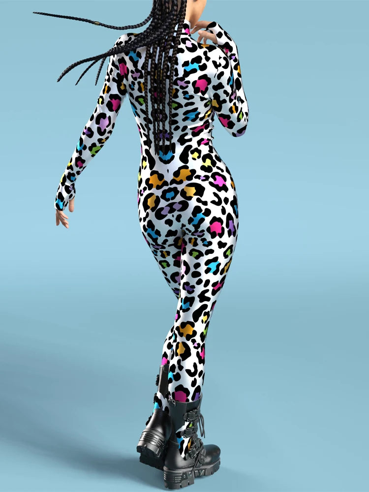Rainbow Dalmatian Spot Print Zip Catsuit Colorful Spotted Cosplay Stage Jumpsuit