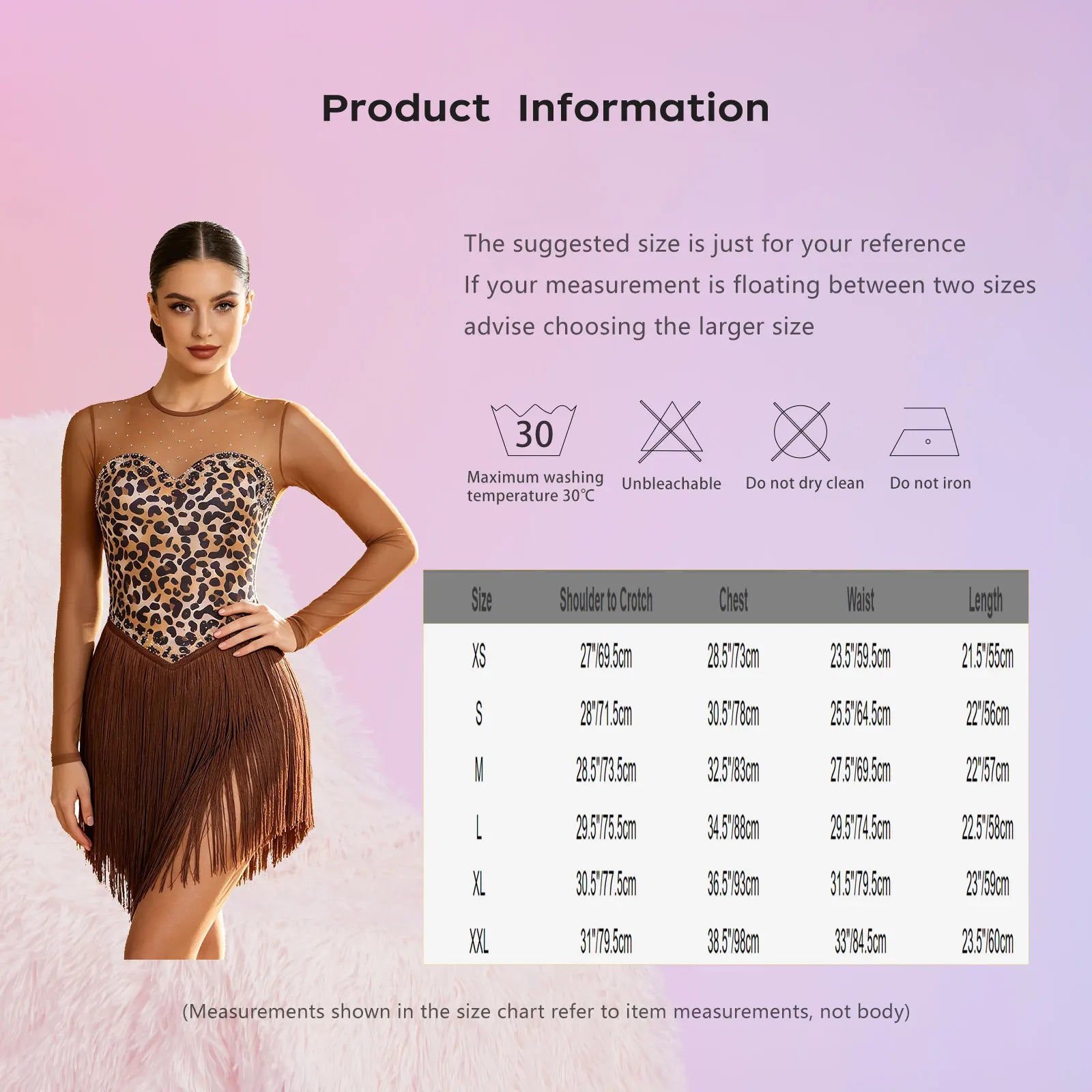 Leopard Print Rhinestone Tassel Dance Dress Long Sleeve Keyhole Bodysuit